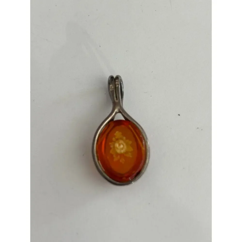 Vintage Sterling Silver Reverse Carved Amber Pendant Rose Whimsical